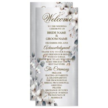 Watercolor White Flowers Gold Frame Silver Wedding Program