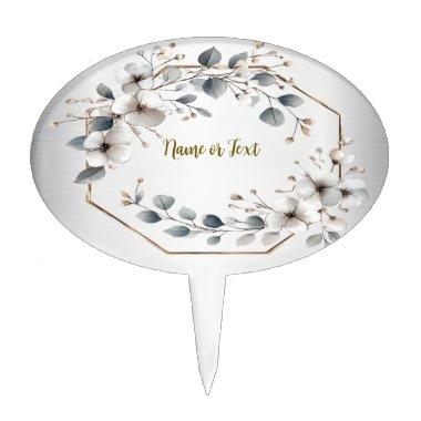 Watercolor White Flowers Golden Frame Silver Teal Cake Topper