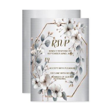 Watercolor White Flowers Golden Frame Silver Teal RSVP Card