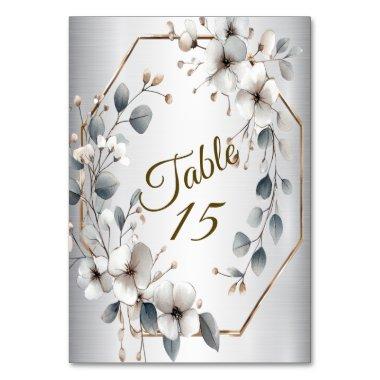 Watercolor White Flowers Golden Frame Silver Teal Table Number