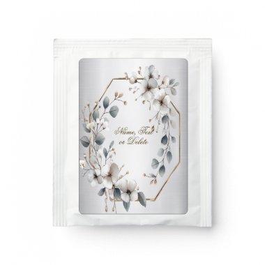 Watercolor White Flowers Golden Frame Silver Teal Tea Bag Drink Mix
