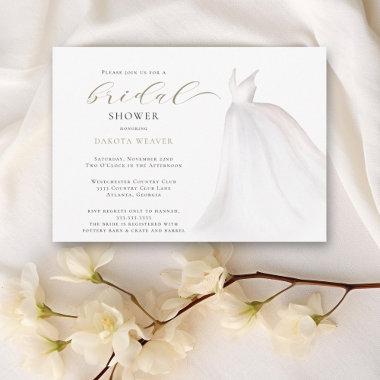 Watercolor White Gold Wedding Dress Bridal Shower Invitations
