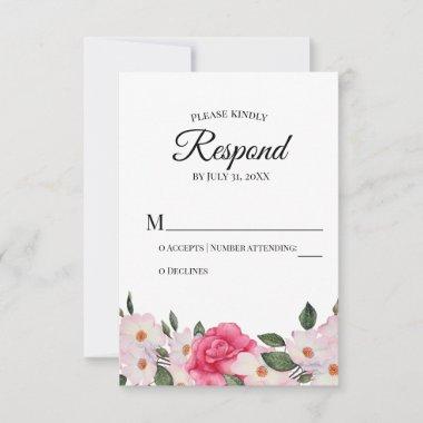 Watercolor White Pink Roses Wedding RSVP Respond