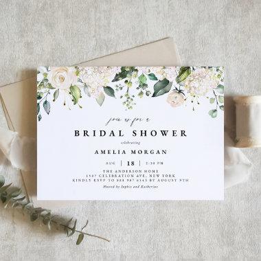 Watercolor White Rose and Hydrangea Bridal Shower Invitations