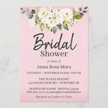 *~* Watercolor White Rose Bridal Shower Pink Invitations