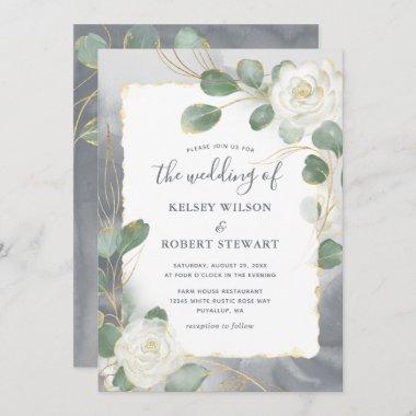 Watercolor White Roses Gray Gold Greenery Wedding Invitations