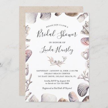 Watercolor White Sea Shell Beach Bridal Shower Invitations
