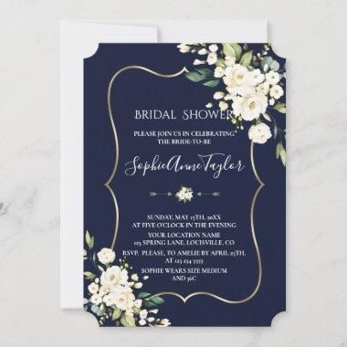 Watercolor White White Floral Gold Bridal Shower Invitations