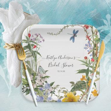 Watercolor Wildflower Floral n Bees Bridal Shower Paper Plates