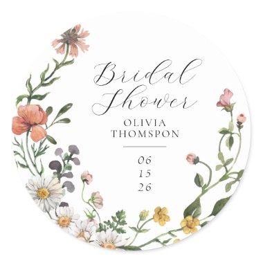 Watercolor Wildflower Wreath Script Bridal Shower Classic Round Sticker