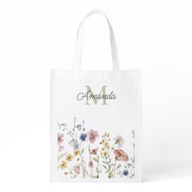 Watercolor Wildflowers Boho Stylish with Monogram Grocery Bag