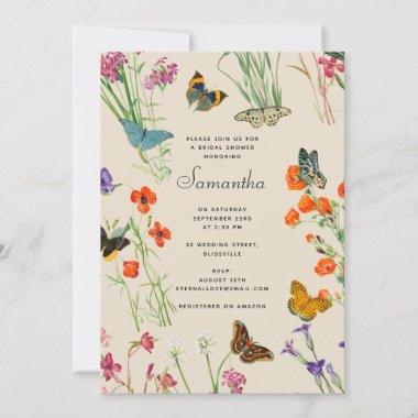 Watercolor Wildflowers Butterflies Bridal Shower Invitations