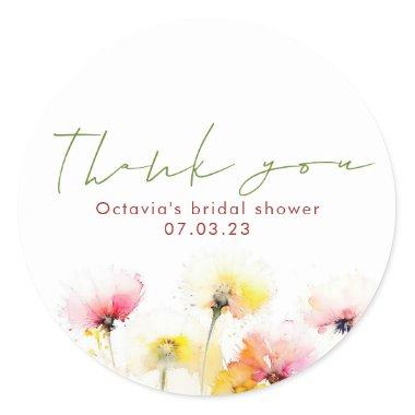Watercolor Wildflowers Elegant Cute Thank You Classic Round Sticker