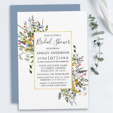 Watercolor Wildflowers Gold Dusty Blue Shower Invitations