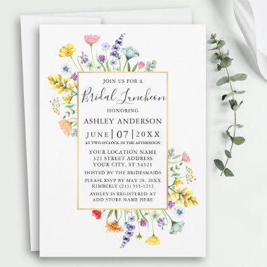 Watercolor Wildflowers Gold Frame Bridal Luncheon Invitations
