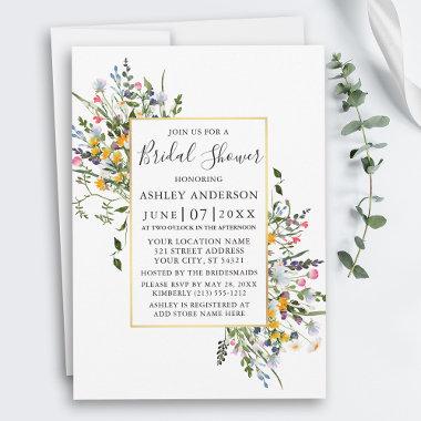 Watercolor Wildflowers Gold Frame Bridal Shower Invitations