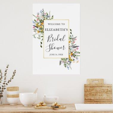 Watercolor Wildflowers Gold Frame Bridal Shower Poster