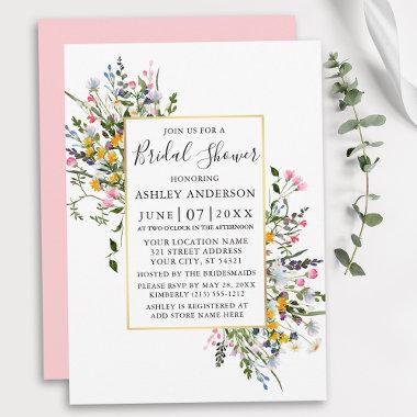 Watercolor Wildflowers Gold Pink Blush Shower Invitations