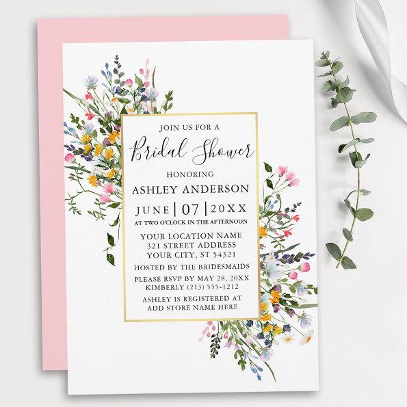 Watercolor Wildflowers Gold Pink Blush Shower Invitations