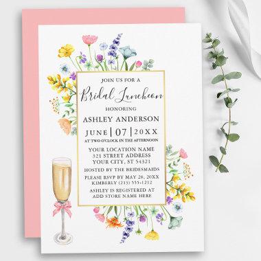 Watercolor Wildflowers Gold Pink Bridal Luncheon Invitations
