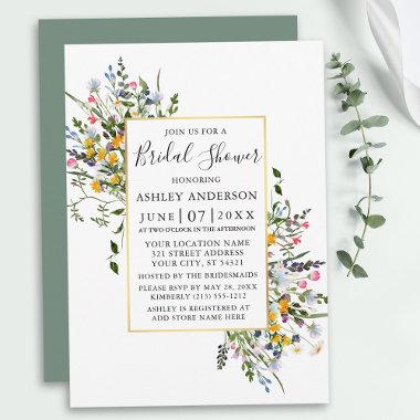 Watercolor Wildflowers Gold Sage Green Shower Invitations