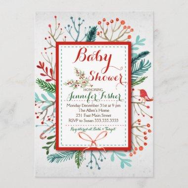Watercolor Winter Floral Baby Shower Invitations