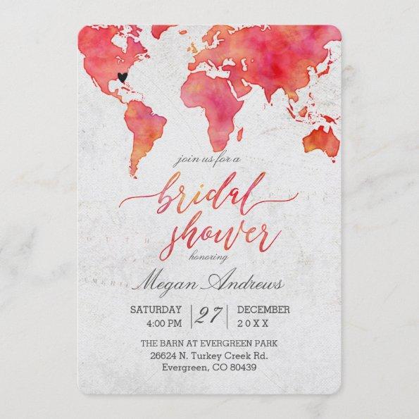 Watercolor World Map Bridal Shower Invitations
