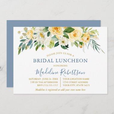 Watercolor Yellow Floral Blue Gold Bridal Lunch Invitations
