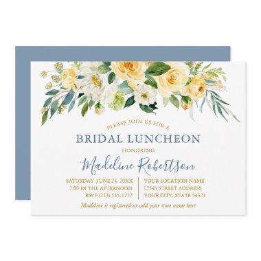 Watercolor Yellow Floral Blue Gold Bridal Lunch Invitations