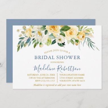 Watercolor Yellow Floral Blue Gold Bridal Shower Invitations