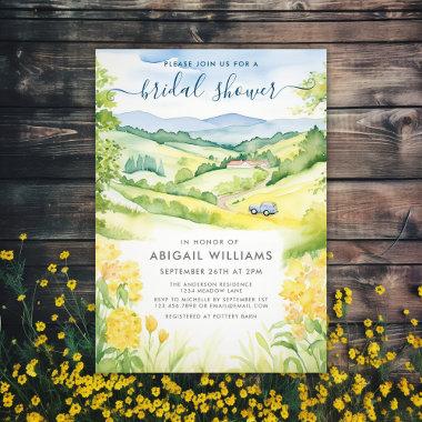 Watercolor Yellow Floral Countryside Bridal Shower Invitations