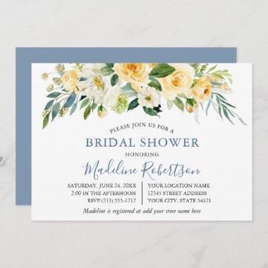 Watercolor Yellow Floral Dusty Blue Bridal Shower Invitations