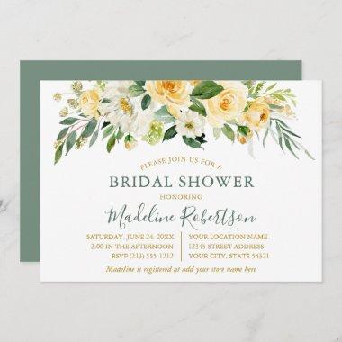 Watercolor Yellow Floral Sage Gold Bridal Shower Invitations