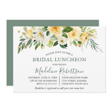 Watercolor Yellow Floral Sage Green Bridal Lunch Invitations