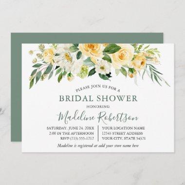 Watercolor Yellow Floral Sage Green Bridal Shower Invitations