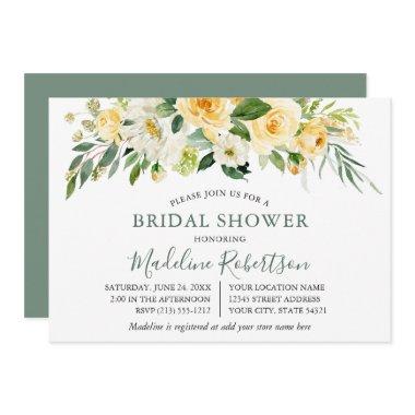 Watercolor Yellow Floral Sage Green Bridal Shower Invitations