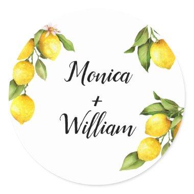 Watercolor Yellow Lemons with Greenery & Names Classic Round Sticker