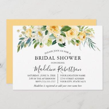 Watercolor Yellow White Floral Bridal Shower Invitations