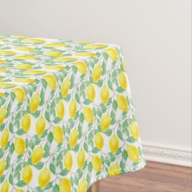 Watercolored lemons leaves white wedding tablecloth