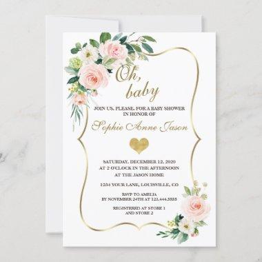 Watercolour Blush Ivory Flowers Gold Baby Shower Invitations