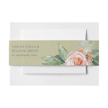 WATERCOLOUR PEACH FLOWER FOLIAGE SAVE THE DATE Invitations BELLY BAND