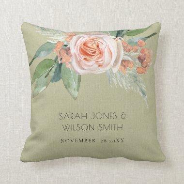 WATERCOLOUR PEACH FLOWER FOLIAGE SAVE THE DATE THROW PILLOW