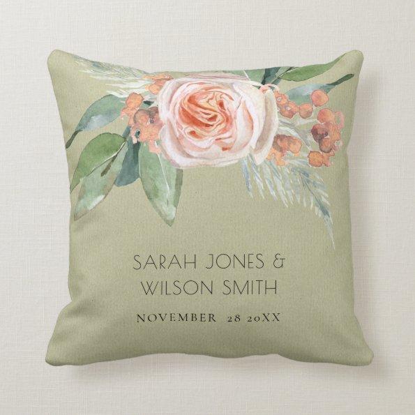 WATERCOLOUR PEACH FLOWER FOLIAGE SAVE THE DATE THROW PILLOW