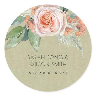 WATERCOLOUR PEACH FLOWER GREEN FOLIAGE MONOGRAM CLASSIC ROUND STICKER