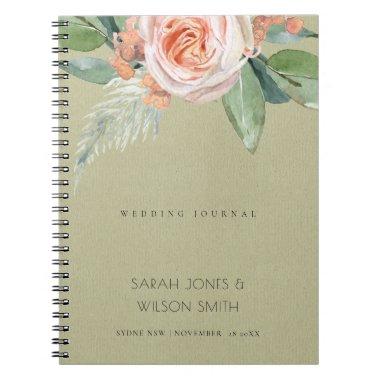 WATERCOLOUR PEACH FLOWER GREEN FOLIAGE WEDDING NOTEBOOK