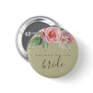 WATERCOLOUR PINK FLOWER FOLIAGE MOTHER OF BRIDE BUTTON