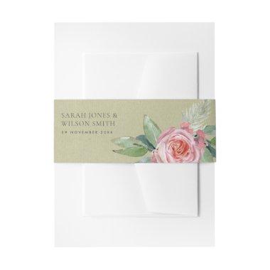 WATERCOLOUR PINK FLOWER FOLIAGE SAVE THE DATE Invitations BELLY BAND