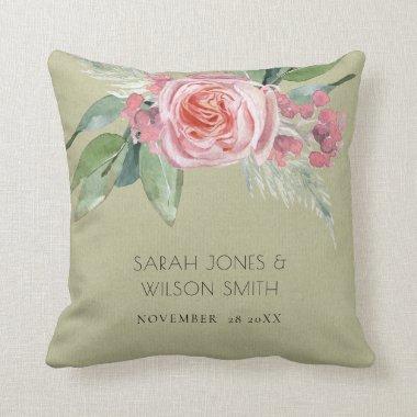 WATERCOLOUR PINK FLOWER FOLIAGE SAVE THE DATE THROW PILLOW