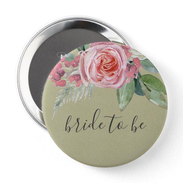 WATERCOLOUR PINK FLOWER GREEN FOLIAGE BRIDE TO BE PINBACK BUTTON