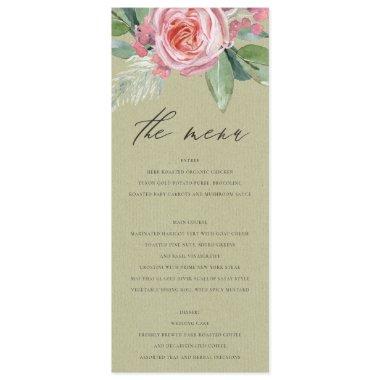 WATERCOLOUR PINK FLOWER GREEN FOLIAGE MENU